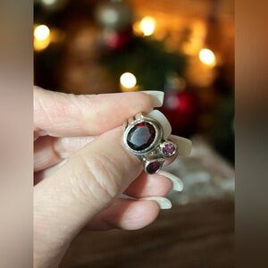 Vintage Sajen Modernist Tourmaline & Amethyst 925 Silver Statement Ring